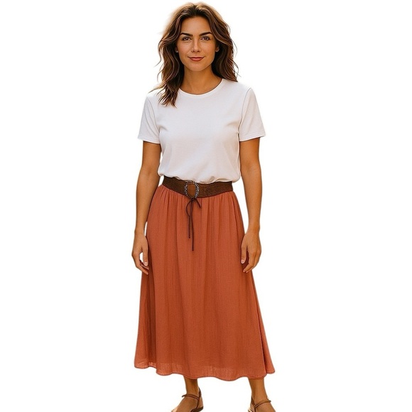 POETRY BOHO STYLE Drop Waist Rusty Orange Belted Maxi Skirt Women’s Size Large - Picture 13 of 13